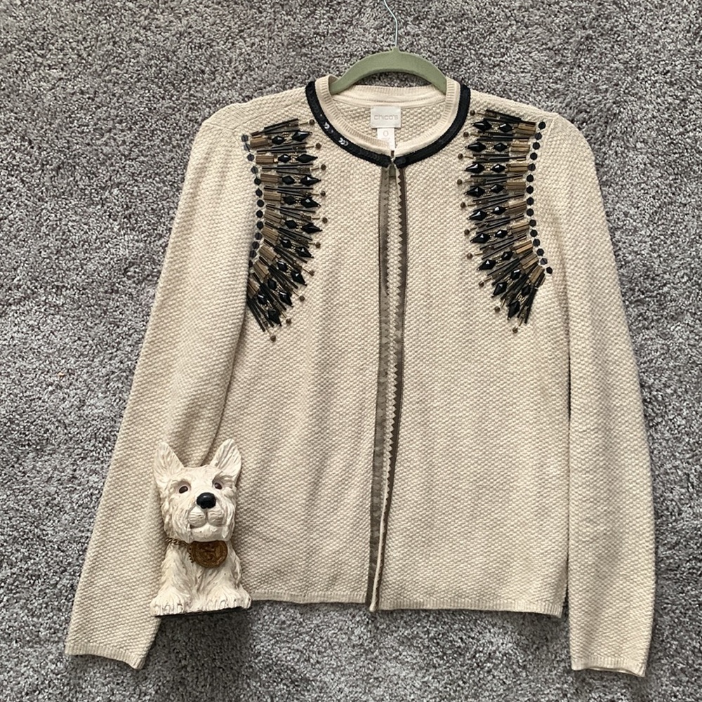 Chico’s Beaded Bold Cardigan with Black Sequins- Beige Women’s 0